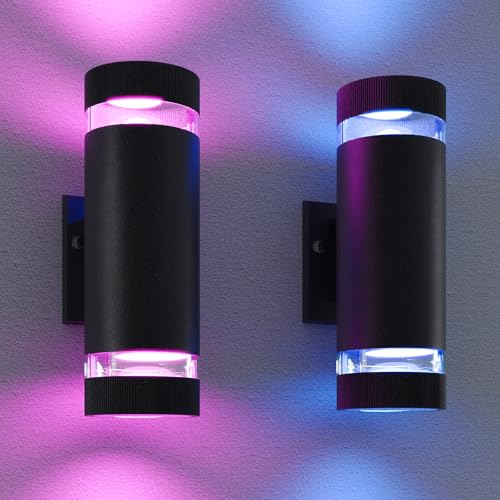 wowlite RGB Up and Down Lights Outdoor 2 Pack, Back Porch Lights Outdoor Wall Light Fixtures WiFi App Control, 2700k-6500k Cylinder Modern Wall Sconce Lights Color Changing LED Garage Light by wowlite - Used condition - US$39.20