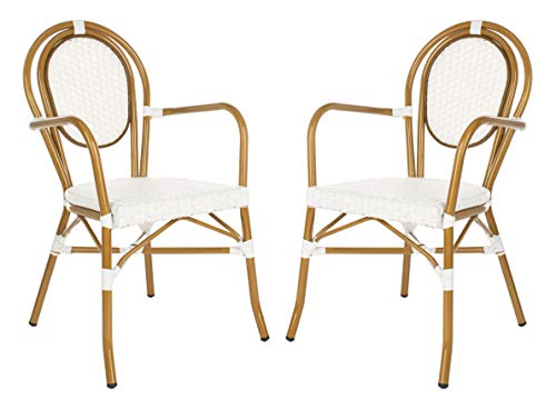 Set Of 2 - White Faux Wicker & Aluminum Frame - French Bistro Curved Design - Ideal For Patio, Deck, Sunroom, Dining Area, 17" Seat Height (pat4014d-set2)