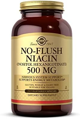 Solgar No-Flush Niacin 500 mg, 250 Vegetable Capsules - Cardiovascular Support - Supports Energy Metabolism - No-Flush Delivery - Vegan, Gluten Free, Dairy Free, Kosher - 250 Servings