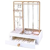 Teamkio White Jewelry Organizer with Large Storage Box, Jewelry Holder, Tabletop Jewelry Stand Display for Necklace, Rings, Earrings, Bracelets, Watches