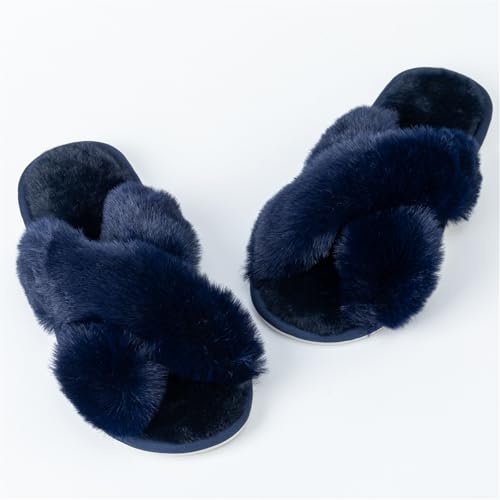 Image of Enteer Women's Slipper Memory Foam Cross Band Fuzzy Slippers Open Toe Cozy House Slippers Cozy Plush Bedroom Indoor Outdoor