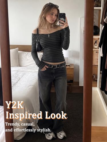 Image of Women Off Shoulder Striped Long Sleeve Top 2026 Fall Going Out Tee Shirts