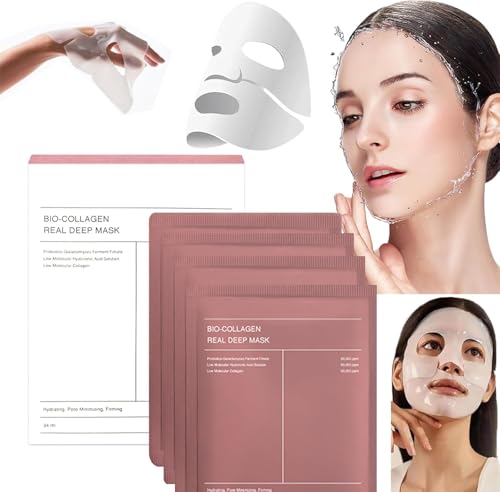4PCS Bio Collagen Mask Overnight,Bio-Collagen Real Deep Mask,Mascarilla de Colageno,Mascarilla Bio Colágeno Noche,Faciales Iluminar el Color de La Piel,Reducir las Líneas Finas,Hidratante (1BOX)