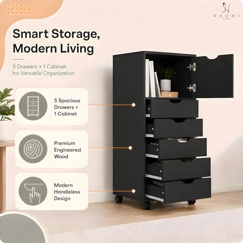 Image of Naomi Home 5 Drawer + 1 Cabinet Storage Organizer, Modern Mobile Cabinet for Home & Everyday Storage