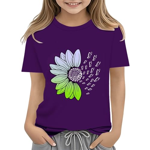 Girls Loose Fit Sunflower Graphic T Shirts Short Sleeve Crewneck Cute Pattern Printed Tops Kids (D-Purple, 12-13 Years)