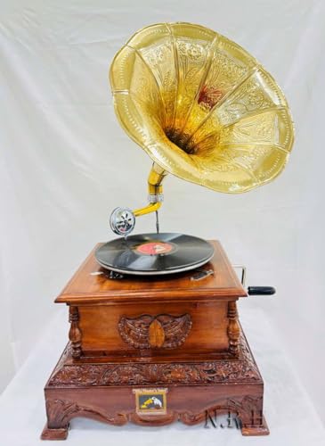 Réplica de gramófono de aspecto antiguo, tocadiscos de gramófono vintage, base de madera con tallas florales, altavoz de cuerno dorado (gramófono tallado marrón con base cuadrada lisa)