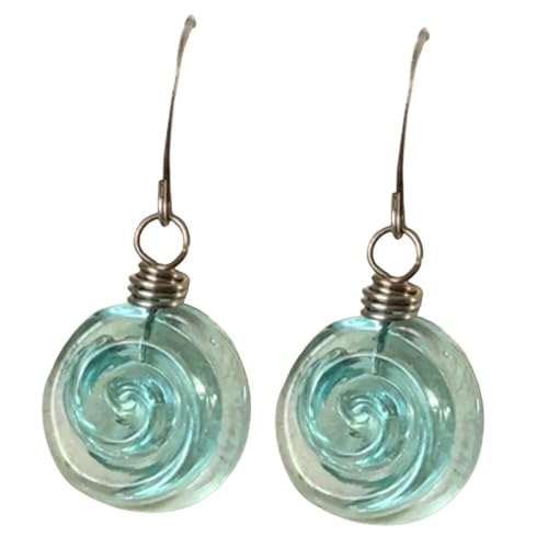 Recycled Glass Spiral Earrings - Upcycled Mason Jar Dangle Earrings, Handmade Beach Jewelry, Inspirational Gifts for Women Mom Sister (Blue)