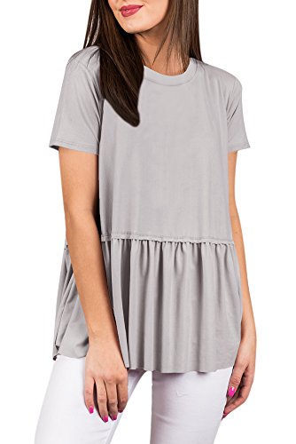 Womens Cute Pleated Casual Peplum Hem T Shirt Cotton Short Sleeve Flare Loose Summer Tunic Top Grey M