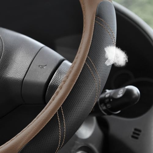Image of Elantrip Leather Steering Wheel Cover 15 1 /2-16 inch Universal Padded Soft Grip Breathable for Car Truck SUV Jeep Anti Slip Brown