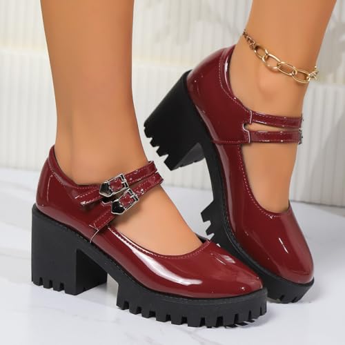 Image of Women's Platform Mary Janes Heart Cat Buckle Rivets Ankle Lolita Gothic Princess Platform Pumps Patent Leather Thorn Vintage Traditional Embroidery Upper Dress Shoes
