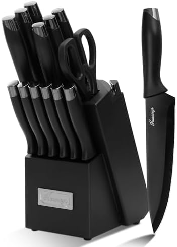Hancorys Knife Sets for Kitchen with Block, 15 Pieces Chef Knife Set with Self Sharpening, Stainless Steel Nonstick Ceramic Anti-Rust Coating Blades, Ergonomic Handle, Black Grey