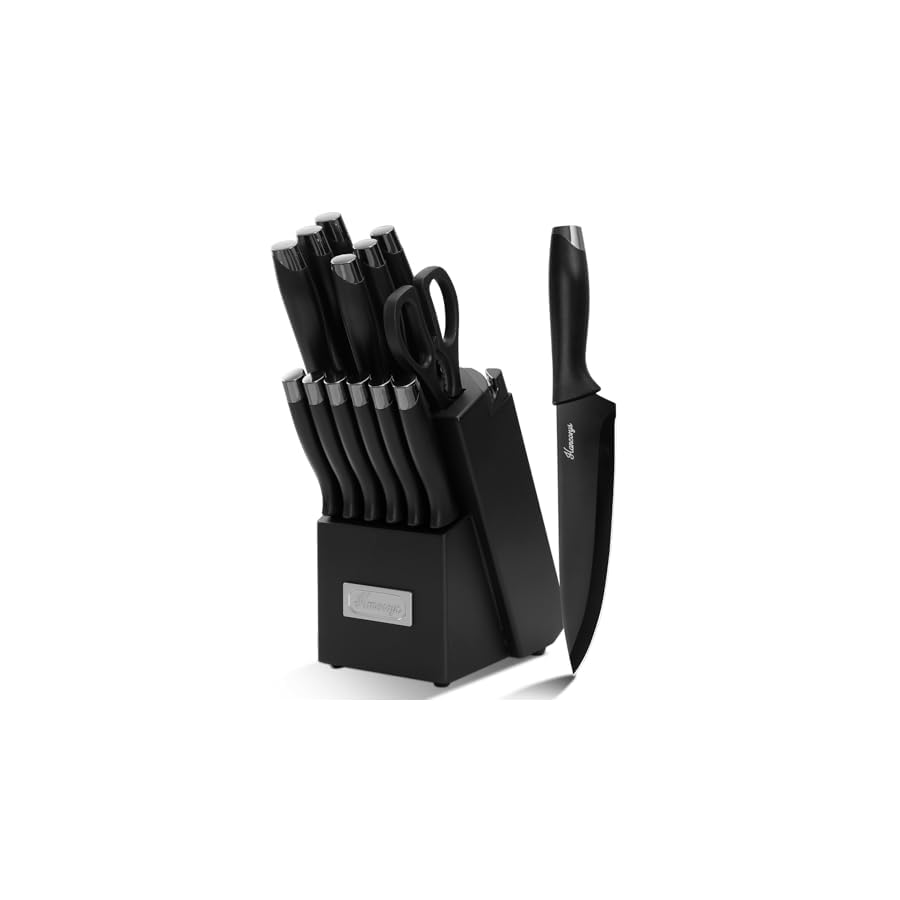 Knife Sets for Kitchen with Block, 15 Pieces Chef Knife Set with Self Sharpening, Stainless Steel Nonstick Ceramic Anti-Rust Coating Blades, Ergonomic Handle, Black Grey