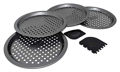 PreOkupied 4-Pack of 8.5 Inch Personal Perforated Pizza Pans, Dark Gray Carbon Steel with Nonstick Coating, Including 2 Black Pan Scrapers