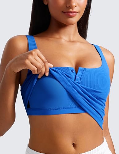 Image of CRZ YOGA Ribbed Henley Crop Tank Tops | Medium Support, Removable Pads, Casual, Square Back, Wide Straps, Longline Sports Bras for Women