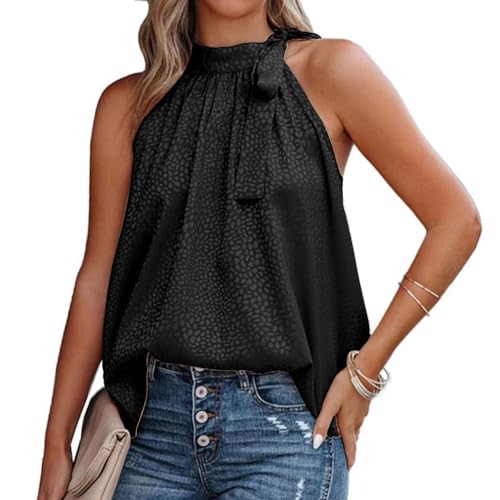 Hanaoops Chaleco para mujer, camiseta sin mangas con cuello halter, blusa holgada, camisola casual, Negro, XL
