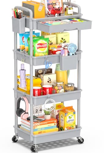 Image of SUNALLY 4 Tier Rolling Utility Cart with Drawer, Storage Organizer Cart with 2 Lockable Wheels, Multifunctional Rolling Storage Cart for Bathroom, Kitchen, Craft, Makeup, Baby Essentials, Gray