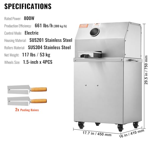 VEVOR Sugar Cane Juicer Machine, 800W Electric 3 Rollers 304 Stainless Steel Rollers 660lb/h Output Sugar Cane Juicer Press with Acrylic Transparent Door for Commercial Use - Thumbnail 2