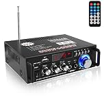 Etlephe Mini Audio Amplifier, Bluetooth 5.0 Stereo Amplifiers, 300W+300W 2 Channel Power Sound Receiver/USB,SD Card,FM Radio,2 Mic for Home Speakers & Theater System-12V/230V UK Plug