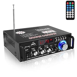 Etlephe Mini Audio Amplifier, Bluetooth 5.0 Stereo Amplifiers, 300W+300W 2 Channel Power Sound Receiver/USB,SD Card,FM Radio,2 Mic for Home Speakers & Theater System-12V/230V UK Plug