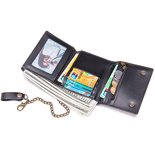 NIUCUNZH Mens Genuine Leather Small Trifold Wallet on Chain with ID Window and Zipper Pocket Black, Rfid Blocking4