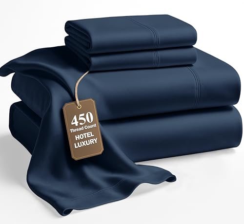 Image of LANE LINEN 100% Cotton Sheets Queen Size - 450 Thread Count Naturally Cooling Queen Bed Set, Durable Bedding for Daily Use, Luxury Sateen Finish, Snug Fit 15 inch Deep Pocket Fitted Sheet - Estate Blue