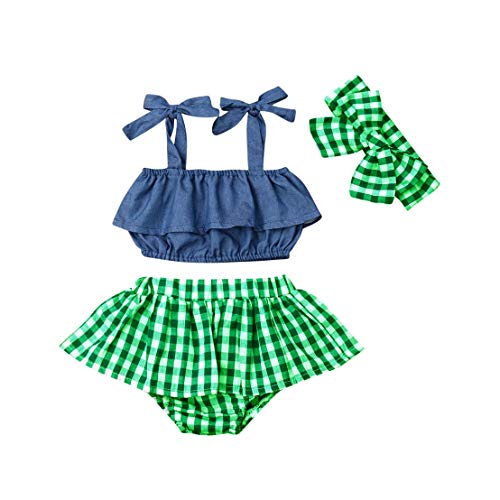 Roupas Bebê Estilosas Top Jeans Saia Xadrez Verde Festa Kids Tamanho:6 a 12M;Cor:Verde