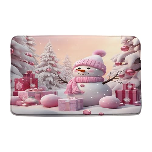 Felpudo Interior Muñeco De Nieve Navideño Rosa, Lindo Muñeco De Nieve, Bola De Navidad, Árbol De Pino Alfombra Antipolvo Resistente Felpudo Entrada para Suelos Garaje 40X60Cm