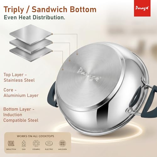 Image of Parage Stainless Steel Kadhai with Glass Lid, 2200ml, Induction & Gas Compatible, Triply Bottom Steel Kadai 24cm with Silicone Handle for Curry, Sabzi & Daily Cooking, 2 Years Warranty