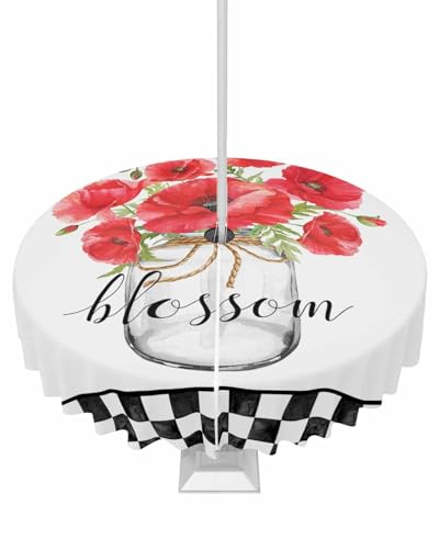 Red Flower Plaid Outdoor Tablecloths with Umbrella Hole and Zipper, Waterproof/Stain Resistant Round Table Cloth 54'' Patio Table Cover for Picnic/Party Watercolor Glass Bottle Black White Checkered