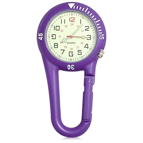 tlidfgeo Taschenuhr mit Karabinerverschluss, violett, Clip, Sanitäter-Uhr, multifunktional, leuchtendes Zifferblatt, Quarzuhr, Damenuhr, Krankenschwesteruhr, Ärzte und Klettersport, violett