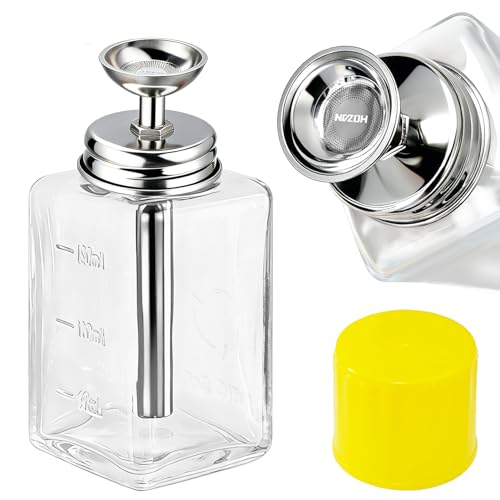ffresiss 6oz / 180ml Glass Dispenser Push Down Acetone Pump Alcohol Dispenser with Metal Cover Nail Polish Remover Liquid Pump Square Bottle Hand Pumping Rubbing Press Container
