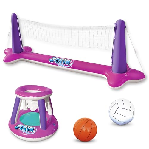 JOYIN Inflatable Pool Float Set Volleyball Net & Basketball Hoops, Floating Swimming Game Toy Floaties for Kids and Adults Volleyball Court (105”x28”x35”)|Basketball (27”x23”x27”),L-Pink Purple - Thumbnail 6