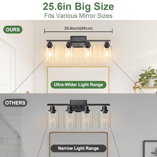 Image of Ascher Bathroom Light Fixtures, 4-Light Vanity Lights with Clear Glass Shade, Modern Black Finish Wall Light for Mirror Bedroom Hallway Cabinet Porch