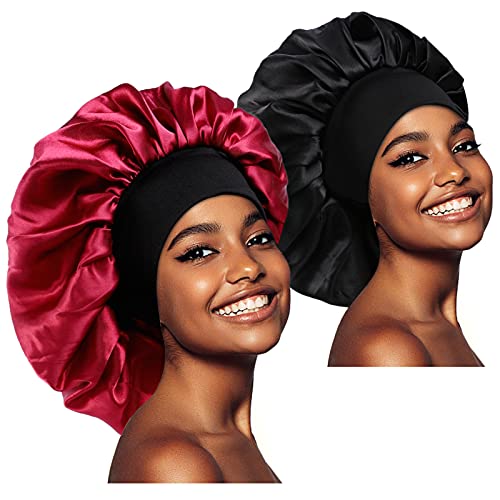 2 Stück Große Schlafmütze Nachtmütze,Weiche Nacht Schlaf Mütze Hut Satin Nachtmütze atmungsaktive Schlafkappe Kopfbedeckung mit Breitem Gummiband Sleep Cap Hair Bonnet für Damen (Schwarz,Weinrot)
