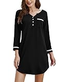 Clearlove Nachthemd Damen V-Ausschnitt Schlafhemd Weiches Nachthemden 3/4 Ärmel Freund Schlafkleid Schlafkleidung mit Knopf Schwarz XL