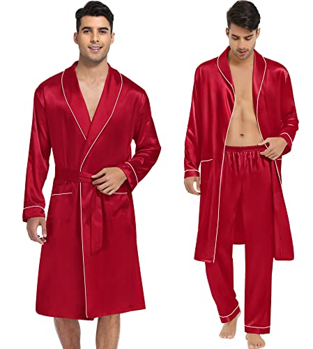 Swomog Men'S 3 Piece Satin Robe Sily Kimono Belted Bathrobe Lightweight Sleepwear Pajamas Set thumb #2