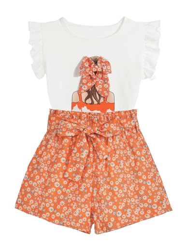 Image of Toddler Girl Clothes 2 Piece Girls Outfits Set Print Bow Top and Belted Ditsy Floral Shorts for Spring Summer