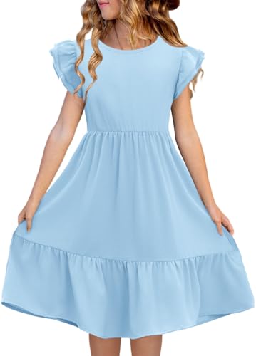 Haloumoning Mädchen Kleider Rundhals Einfarbig Sommerkleid Rüschenärmel A-Linie Prinzessin Kleid Casual Elegant Hochzeit Geburtstag Freizeitkleid Hellblau 11-12 Jahre
