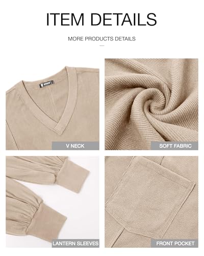 BTFBM Womens Fall Fashion 2025 Long Sleeve Shirts Casual V Neck Ribbed Knit Blouses Pullover Trendy Loose Fit Tunic Tops(Apricot, Medium)