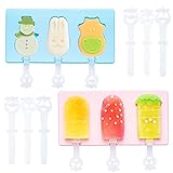 【Juego de Moldes para Polos de Hielo】 El diseño de 3 cavidades le permite hacer más paletas a la vez. Seis formas lindas traerán más diversión a su familia. El molde de silicona azul para paletas de hielo incluye muñeco de nieve, conejo y vaca. El molde rosa es estilo helado, ideal para que los niños y adultos disfruten en verano