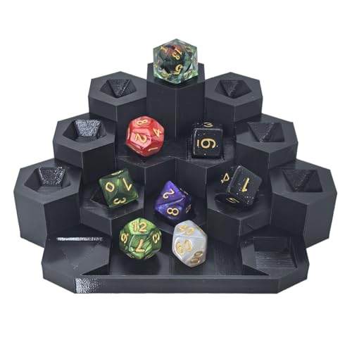 XJPONGC Dice Holder - 4 Tier Display Rack,Storage Shelf Holds 14Pcs of Polyhedral Dice for Collectors,(Random 23mm 7PCS D20 Dice Set Included) Dungeons and Dragons Game (black)