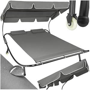 tectake Sonnenliege, Doppelliege, Outdoor Liege für 2 Personen, Gartenliege mit Sonnendach, Relaxliege, Sonnenliege mit Dach, inkl. 2 Kissen, ideal für Garten oder Balkon - schwarz/grau