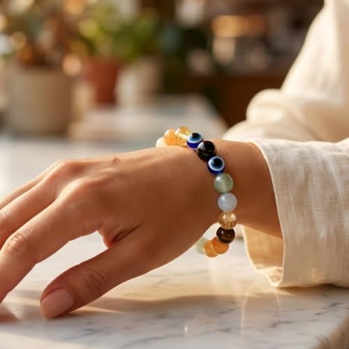 Image of Mithun (Gemini) Rashi Bracelet | Tiger's Eye, Citrine, Amazonite, Blue Lace Agate, Fluorite, Evil Eye | Boosts Intellect, Adaptability, Communication & Clear thinking | For Men & Women