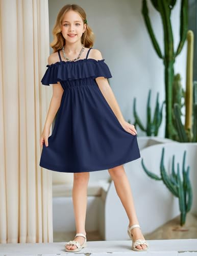 Arshiner Girls Summer Floral Ruffle Sundress Cold Shoulder Casual Holiday Dresses3