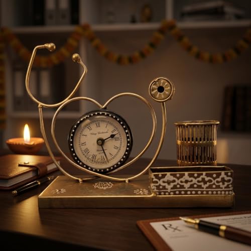 Image of Metal Stethoscope Pen Stand with Clock, Copper Finish Showpiece | Antique Copper Finish Desk Organizer, Doctor Gift & Office Table Decoration Showpiece, Single Pack