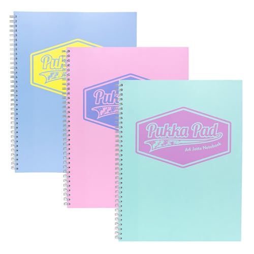 Pukka Pad Pastel A4 Jotta Notebooks Pack of 3 Wirebound Notepads with 200 Pages 100 Sheets of 80GSM Ruled Paper and Perforated 4-Hole Punched Margins Pink Blue & Green 29.7 x 22.4 cm