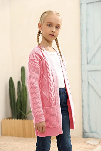 Image of Ermonn Girls Kids Open Front Cardigans Sweaters Long Sleeve Knit Cute Sweater Outwears with Pockets for 5-14 Years Pink