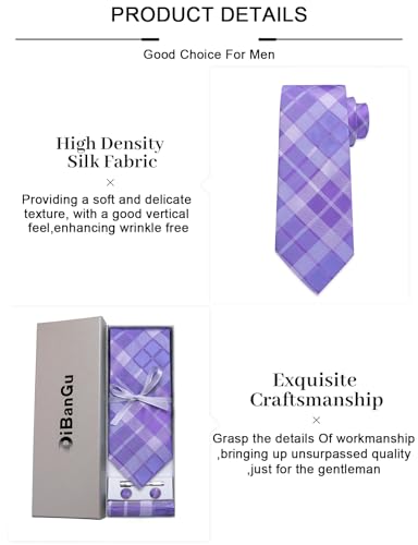 Image of DiBanGu Plaid Ties for Men Silk Checkered Necktie and Pocket Square Cufflinks Tie Clip Set with Gift Box for Wedding Business