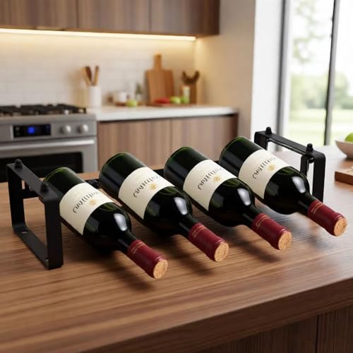STAEVER Stackable 4 Bottles Wine Rack â€“ Compact Metal Wine Holder for Countertop, Cabinet, Pantry, Bar, or Small Spaces â€“ Small Freestanding Wine Storage Organizer for Tight Spaces (1 Tier, Black)