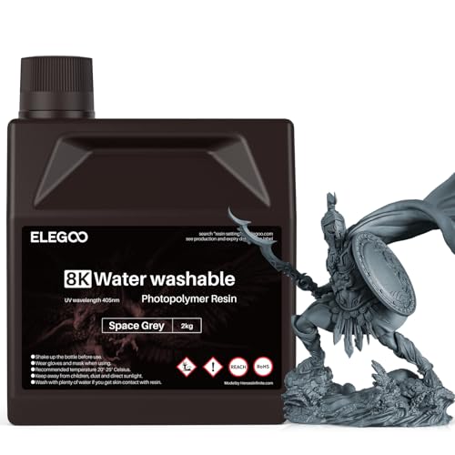 ELEGOO 8K 3D Printer Resin, Water Washable Resin 405nm UV-Curing, Best for 8K/9K/12K/14K/16K LCD 3D Printer Space Grey 2000G